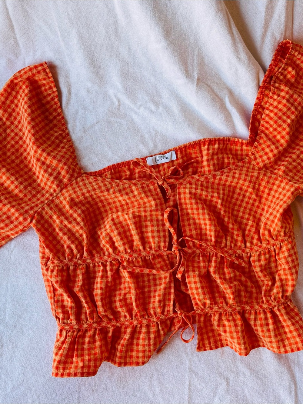 Louna Gingham Tie-Front Crop Top - Orange M